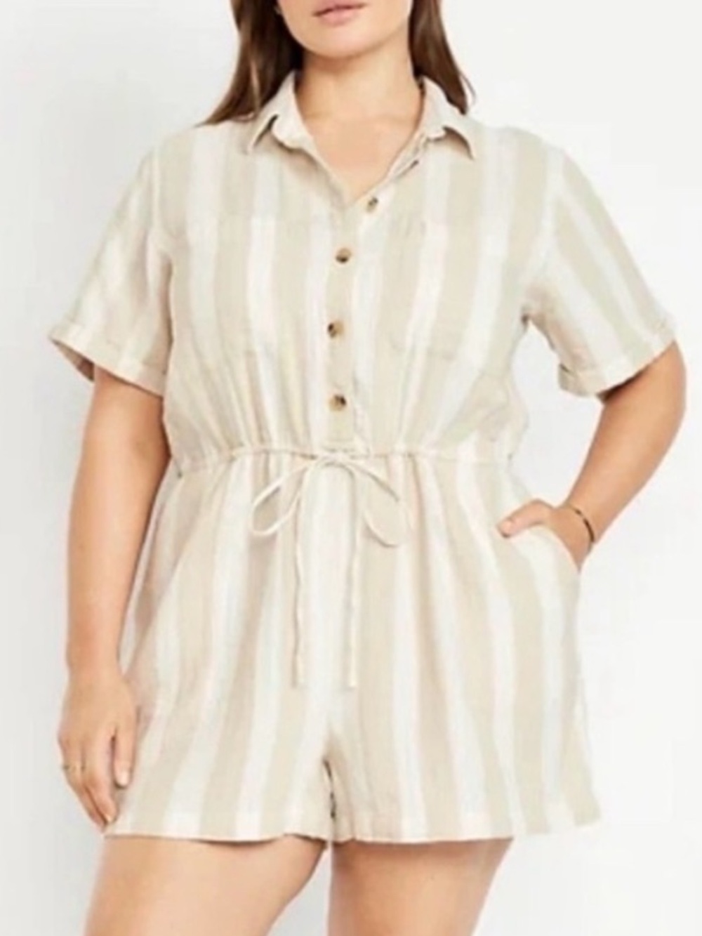 Old Navy 100% Cotton Short Sleeve Cinched Neutral Striped Romper Large Tall